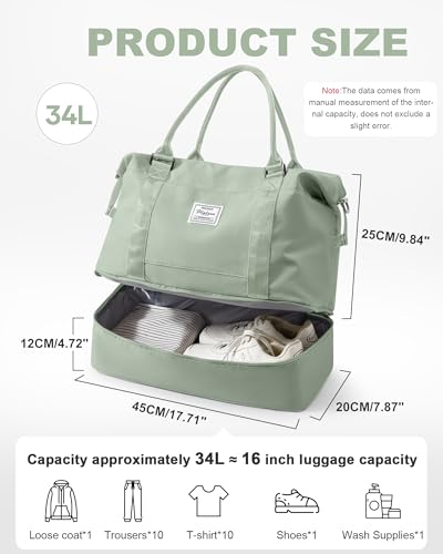 Spirit Travel Duffel - 18x14x8 Inches Weekender Overnight Bag with Shoes Compartment, Trolley Sleeve, Carry On for Airplanes, Sport Tote Gym Bag in BeigeGreen - color: H11-BeigeGreen, size: Large