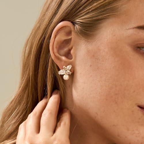 Hayopi Pearl Earrings for Women - Dainty Gold Dangle Drop Earrings, 14k Gold Plated Cute Bow Design, Hypoallergenic Pearl Studs, Wedding Jewelry Gifts - color: GOLD-flower pearl