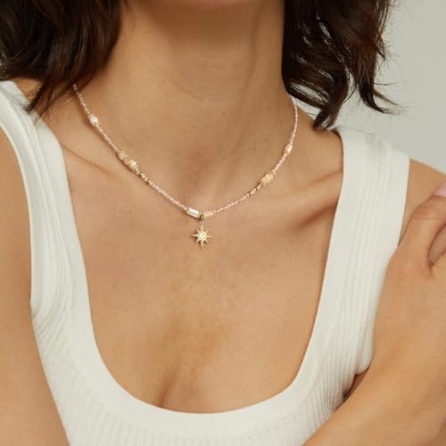 KissYan Beaded Choker Necklace for Women, Colorful Natural Gemstones Pearl Choker 14K Gold Plated Pendant Healing Crystal Necklace Handmade Stone Jewelry Gift - color: V-White