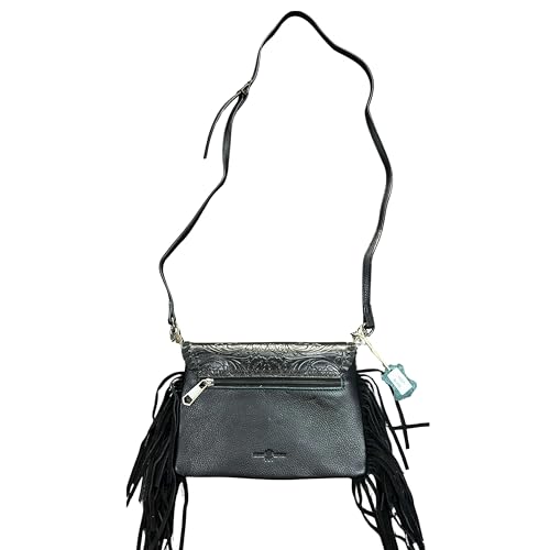 Genuine Cowhide Crossbody Purse - Tooled Leather Fringe Bag for Women - Western Shoulder Handbag Rodeo Style - color: Black