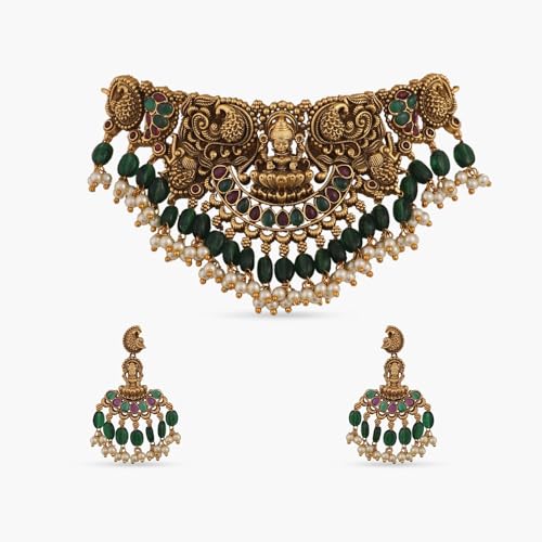 TARINIKA Brass Indian Choker Necklace Set - Gold Plated Cubic Zirconia Indian Jewelry Sets for Women Dangle, Drop, Jhumka Earrings Traditional Desi Necklace Pearls Gift for her - style: Sreeja Antique