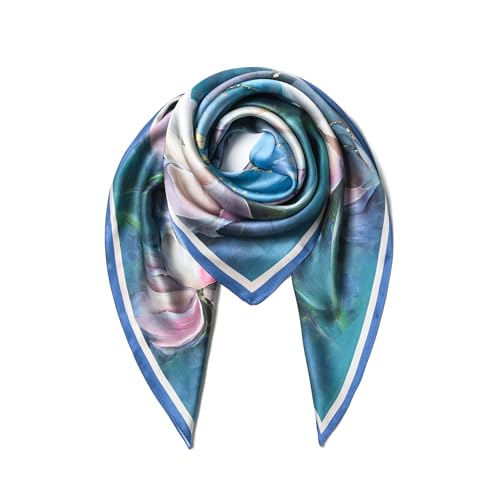 SHIROUYU 100% Pure Mulberry Silk Scarf 35" Large Square Lightweight Headscarf –Women’s Hair Wraps The shawl-With Gift Packed - color: Blue-lotus