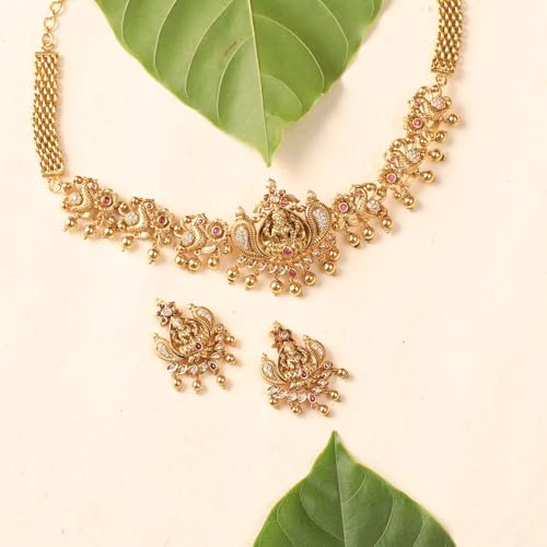 TARINIKA Brass Indian Choker Necklace Set - Gold Plated Cubic Zirconia Indian Jewelry Sets for Women Dangle, Drop, Jhumka Earrings Traditional Desi Necklace Pearls Gift for her - style: Sankha Antique