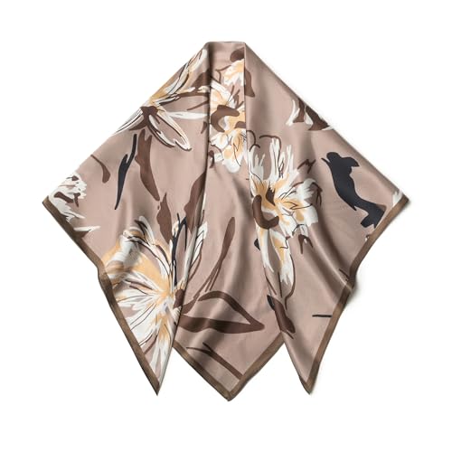 SHIROUYU 100% Pure Mulberry Silk Scarf 35" Large Square Lightweight Headscarf –Women’s Hair Wraps The shawl-With Gift Packed - color: Brown-20