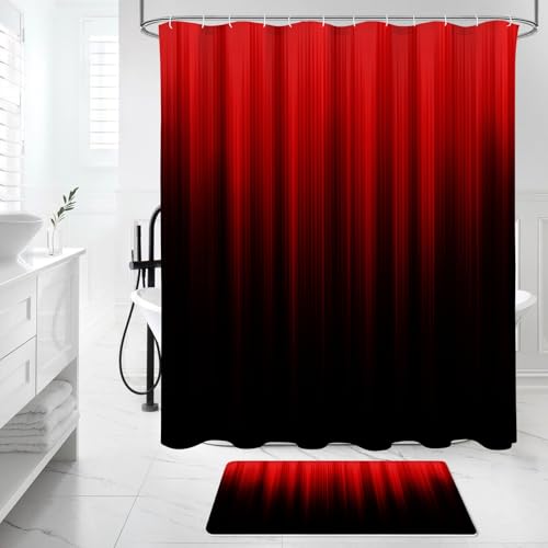 Litabel 4 Pcs Red and Black Gradient Shower Curtain Set with Rugs and Toilet Lid Cover, Modern Simple Waterproof Fabric Bathroom Set, Ombre Stripe Gothic Abstract Bathroom Decor Set Accessories - color: Red