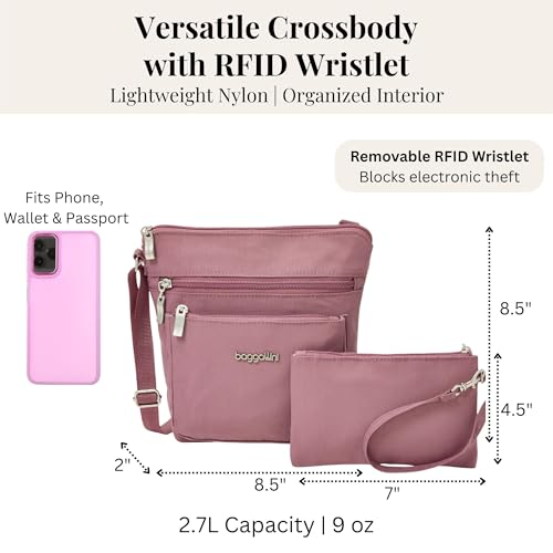 Baggallini Pocket Crossbody Bags for Women 8x8 Small Lightweight Durable Water-resistant Travel Purse W/Rfid - color: Dusty Mauve