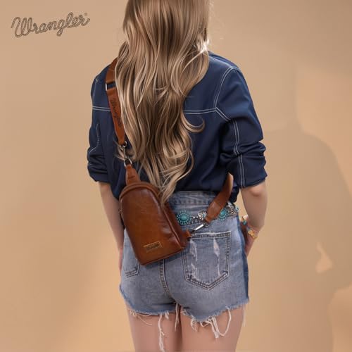 Wrangler Small Sling Bag for Women, Leather Crossbody Bags Cross Body Purse Fanny Packs with Adjustable Strap for Gift - color: Classic-caramel Brown Distressed