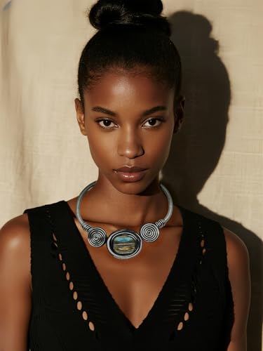 Chunky African Costume Necklace for Women - Colorful Ethnic Boho Bib Collar Choker,Tribal Wire Wrapped Big Stone Crystal Statement Handmade Jewelry - color: gold black