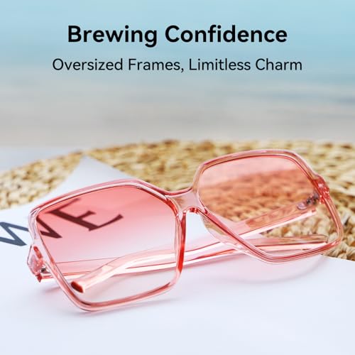 Dollger Oversized Square Sunglasses for Women Big Large Wide Fashion Shades for Men UV Protection Unisex - color: Clear Brown and Clear Pink