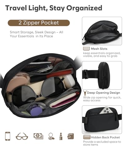 Pritent Fanny Packs for Women Cross Body Bag Waterproof Belt Bag with Adjustable Strap and Zipper Back Pocket Small Crossbody Bags Fashion Waist Packs for Workout Travelling(Black, Large) - color: Black, size: Large