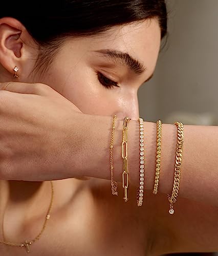 DEARMAY 14K Gold Plated Bracelets for Women, Jewelry Sets Cute Tennis Beaded Bracelets Cuban Link Paperclip Chain Dainty Bracelet Pack Gifts - color: BRACELET-A