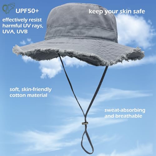 LLmoway Womens UPF50+ Cotton Wide Brim Sun Hat with Strap Ladies Summer Floppy Hats Packable Women Washed Fringes Bucket Hat - color: Grey