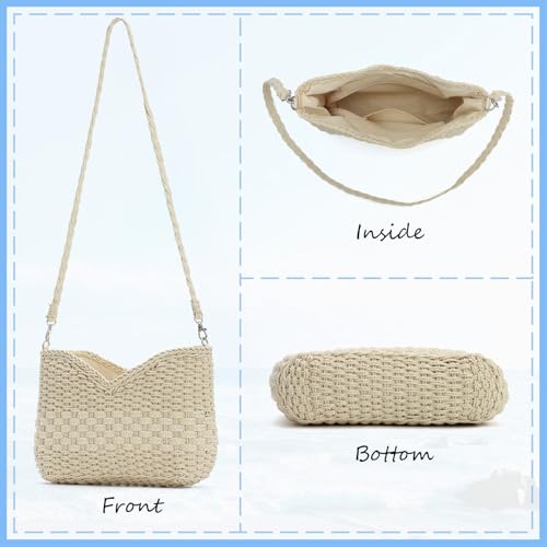 KUANG! Handmade Woven Shoulder Bag for Women Summer Beach Straw Purse Crossbody Handbag with Strap - color: Beige