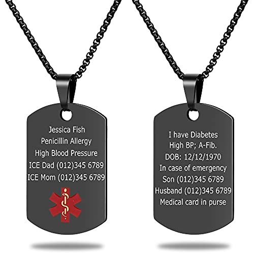 Medical Alert Necklace Free Custom Engraving Personalized Gift Black Polished Stainless Steel ID Tag Pendant for Men Women - color: Black, size: Free Customize