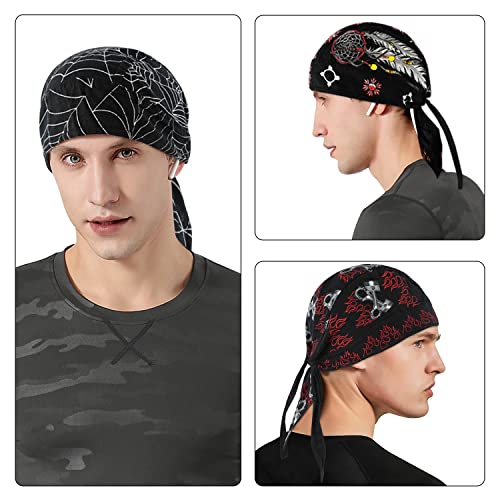 DOCILA 3 Pcs Do Rags for Men Skull Cap Bandana Hat Breathable Helmet Linner Beanie - color: Blackwhiteredspider