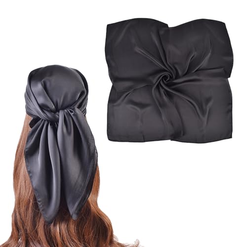 27.5 Inches Silk Head Scarf for Women Satin Hair Scarf Silk Wrap Neck Square Scarves Feeling Scarf Boho Headwear - color: Pure Black