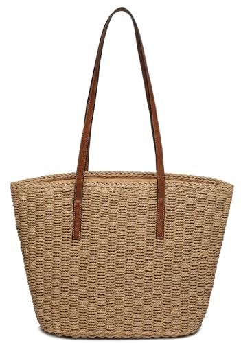 Beaguful Women's Shoulder Handbags Beach Chic Tote Purse Leisure Vacation Hobo Bag with Zipper Closure - color: Light Brown