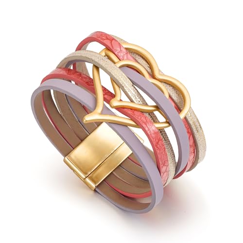 Edoneery Leather Wrap Bracelet for Women, Boho Handmade Multi-Layer Cuff with Crystal Beads Heart, Stackable Bangle Western Jewelry Gift - style: Heart(Colorful)