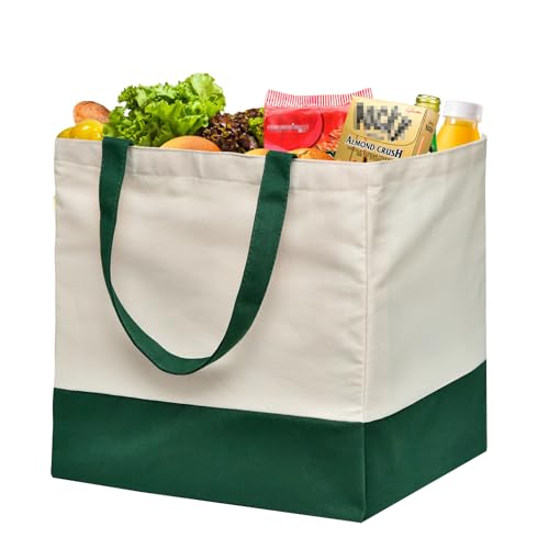 Reusable Grocery Bags Heavy Duty, 8.3 gal Foldable Large Canvas Tote Bag with Handles, Holds 60 lbs Canvas Shopping Bags, 1 Pack（Retro Green） - color: [A1] Off White / Retro Green, size: 1 Pack