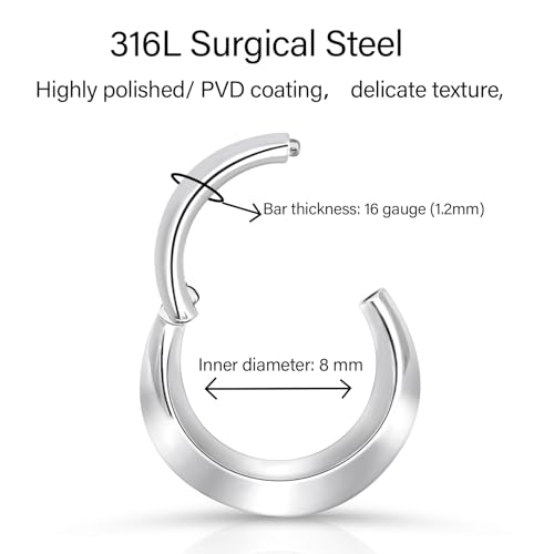 16g 18g Surgical Steel Cartilage Hoops with Chains Designs 6mm 8mm 10mm 12mm Gold Hinged Nose Ring Hoop Segment Ring Clicker Septum Ring Daith Helix Conch Rook Piercing Jewelry - style: Silver 16G 8mm Thick Nose Rings