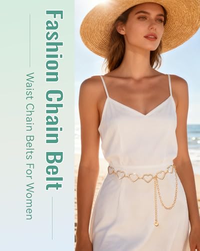 AWAYTR Cute Chain Belts for Women - Metal Waist Chain Belt for Dresses Jeans Country Concert Outfit - color: Gold-heart