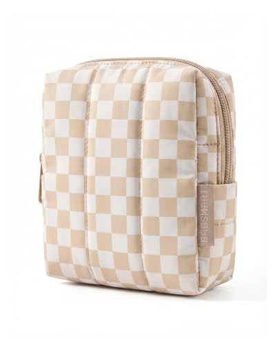 BAGSMART Small Travel Makeup Bag for Purse Toiletry Pouch, Puffy Padded Mini Cosmetics Bag, Cute Make Up Pouch for Women with Slip-in Pocket, Travel Essentials for Toiletries, Checkered Khaki - color: 09-Checkered Khaki