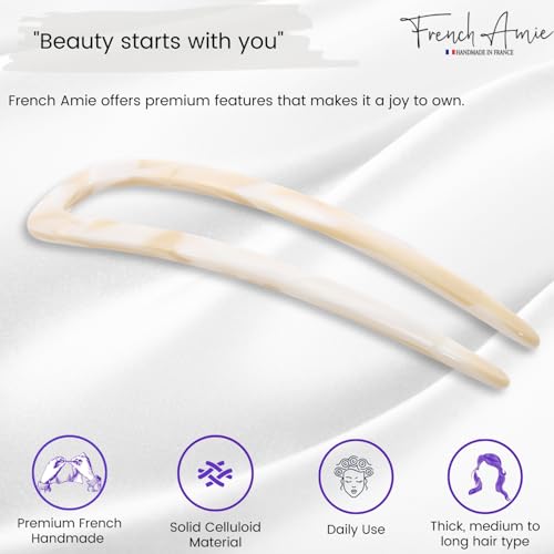 French Amie Ivory White Cream Handmade Large Cellulose Acetate Chignon Bun Holder U Hair Pin Stick (Ivory white cream) - color: Pearl Ivory