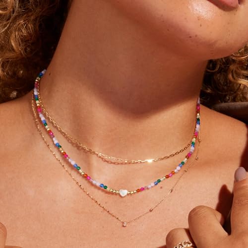 KissYan Beaded Choker Necklace for Women, Colorful Natural Gemstones Pearl Choker 14K Gold Plated Pendant Healing Crystal Necklace Handmade Stone Jewelry Gift - color: N-Colorful Shell