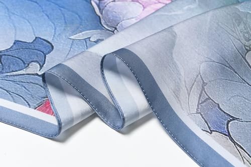 SHIROUYU 100% Pure Mulberry Silk Scarf 35" Large Square Lightweight Headscarf –Women’s Hair Wraps The shawl-With Gift Packed - color: Blue-peony