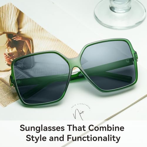 Dollger Oversized Square Sunglasses for Women Big Large Wide Fashion Shades for Men UV Protection Unisex - color: K:dark Green Frame Grey Lens