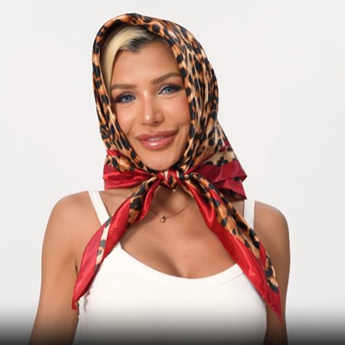 Leopard Print Head Scarf for Women Like Silk Satin Scarf for Hair Wrapping at Night Bandana Square Scarf 35 Inches - color: Red 1
