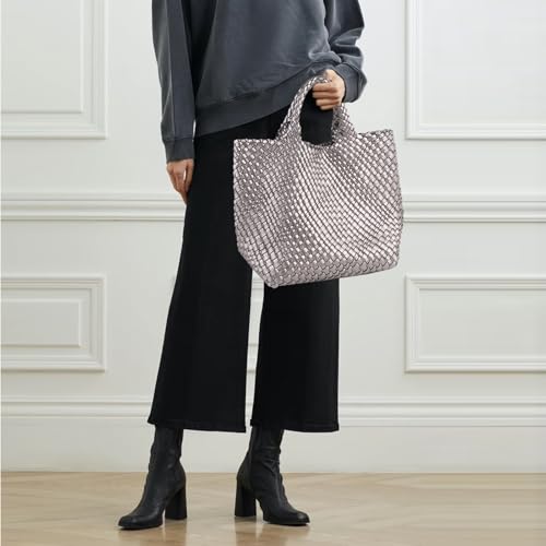 Handmade Woven Bag Satchel Handbag For Women Vegan Leather Tote Bag With Purses Travel Shoulder Bag Underarm Bag - color: Silver Grey-a