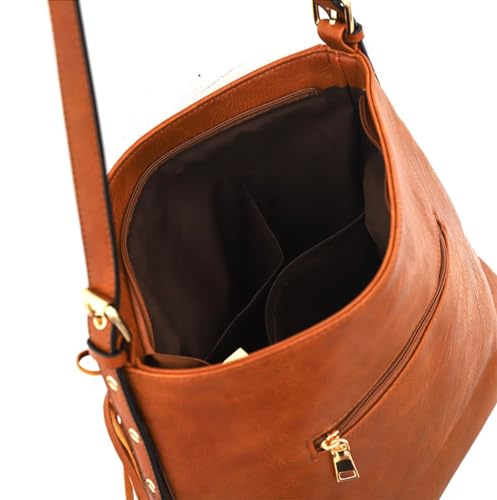 PU Leather Fringe Hobo Bag Large Studded Handbag Crossbody Bag for Women - color: D-brown