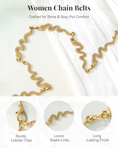 AWAYTR Cute Chain Belts for Women - Metal Waist Chain Belt for Dresses Jeans Country Concert Outfit - color: Gold-snake