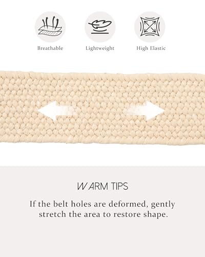AWAYTR Womens Boho Woven Belt - Easy Care Plastic Elastic Belt with Handmade Raffia Buckle for Daily Vacation Work - color: Beige, size: Fit Waist 31''-36''