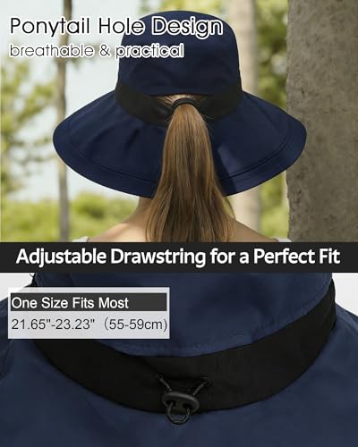 Senker Fashion Sun Hats for Women UV Protection, Waterproof Ponytail Wide Brim Bucket Hat for Summer Beach Gardening Travel - color: Blue