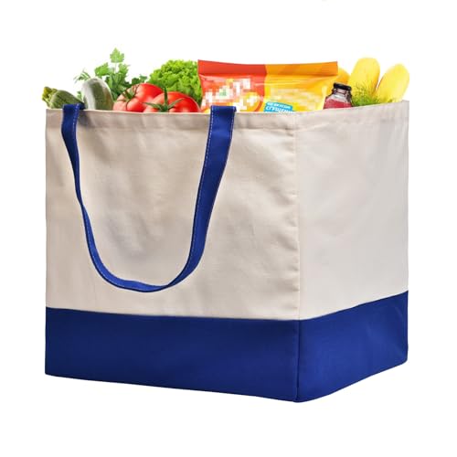 Canvas Reusable Grocery Bags Heavy Duty, 8.3 gal Foldable Large Tote Bag with Handles, Holds 60 lbs Canvas Shopping Bags, 1 Pack - color: [A1] Off White / Blue, size: 1 Pack