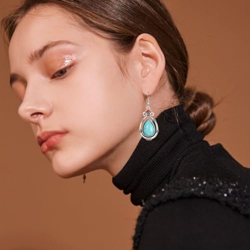 Handmade Teardrop Turquoise Earrings Necklace Set for Women Bohemia Tribal Antique Ethnic Style Earring Delicate Teardrop Gemstone Dangle Drop Statement Earrings Western Jewelry - color: Green