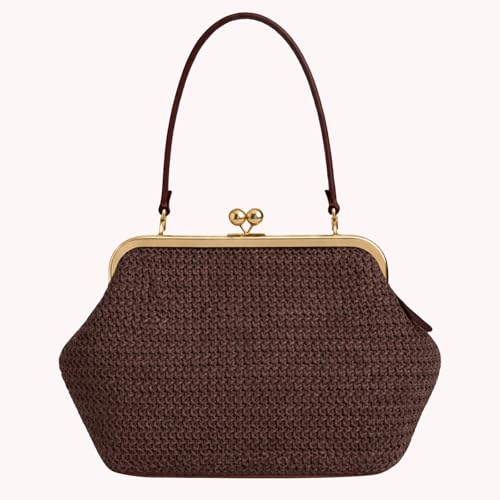 Kiss Lock Woven Bag, Large Capacity Straw Rainbow Handbags for Vacation Travel Shopping, Summer Straw Shoulder Bags - color: Style 2
