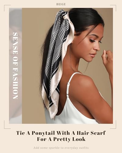 AWAYTR 35” Satin Head Scarf for Women Like Silk Scarf Hair Bandanas Women Large Square Neck Scarf Headscarf Head Wrap - color: Plaid - White + Black