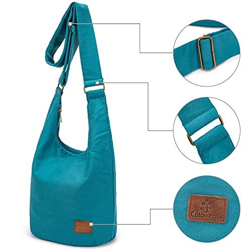 Coton Pose Women Hippie Crossbody Bag - Top Zip Large Capacity Canvas Sling Bag - Jacquard Cloth Handmade - color: Peacock Blue