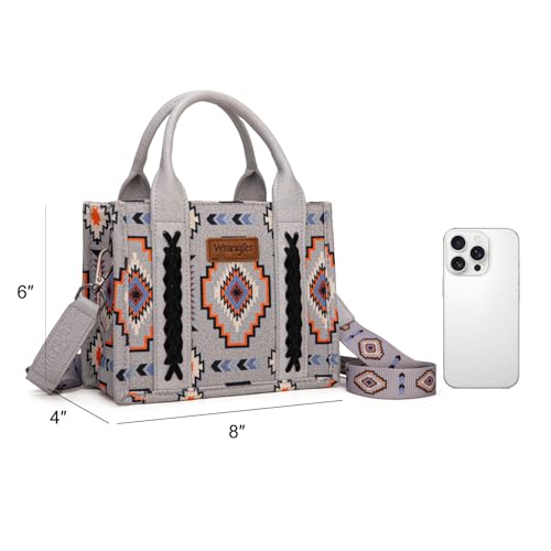 Wrangler Mini Aztec Tote Bag for Women Boho Small Top Handle Purse with Adjustable Strap - color: Boho Grey