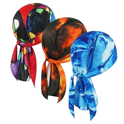DOCILA 3 Pcs Do Rags for Men Skull Cap Bandana Hat Breathable Helmet Linner Beanie - color: Colorful