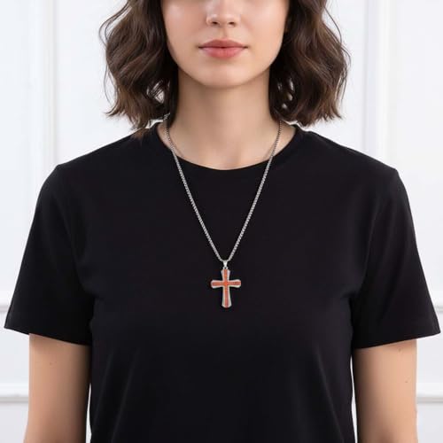 Cross Necklace for Men Vintage Wooden Cross Necklaces Wood Crucifix Pendant Christian Jewelry Gift for Men - color: Big ST Chain