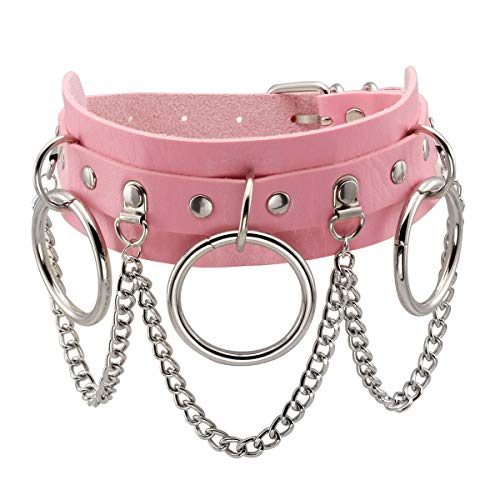 Eigso Vintage Punk Goth Studded Rivet Pu Leather Collar Choker Necklace with Spikes Adjustable - color: F-Pink