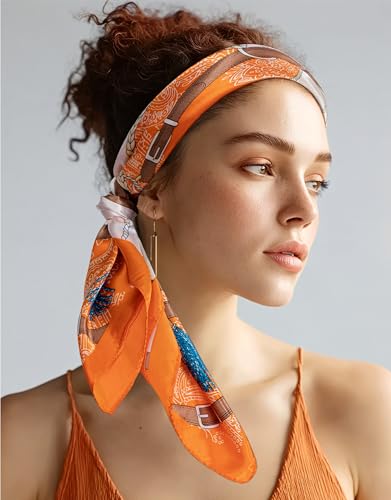 HBselect 4PCS Head Scarf for Women 35” Head Scarves Silk Like Satin Neck Scarfs Square Bandana Hair Wraps Scarf for Sleeping - color: Grey Blue, Orange, Blue, Rose Pink