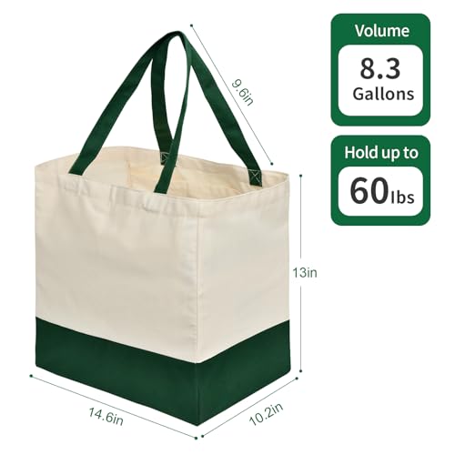 Reusable Grocery Bags Heavy Duty, 8.3 gal Foldable Large Canvas Tote Bag with Handles, Holds 60 lbs Canvas Shopping Bags, 1 Pack（Retro Green） - color: [A1] Off White / Retro Green, size: 1 Pack