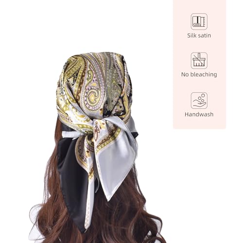 27.5 Inches Silk Head Scarf for Women Satin Hair Scarf Silk Wrap Neck Square Scarves Feeling Scarf Boho Headwear - color: Black-peacock