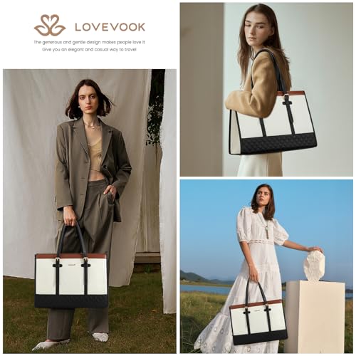 LOVEVOOK Laptop Bag for Women - 15.6 inch Canvas Laptop Tote with Clutch Purse, Office Business Briefcase, Casual Handbag for Travel, College, Teacher, School - color: Black & White & Brown, size: 15.6 inch