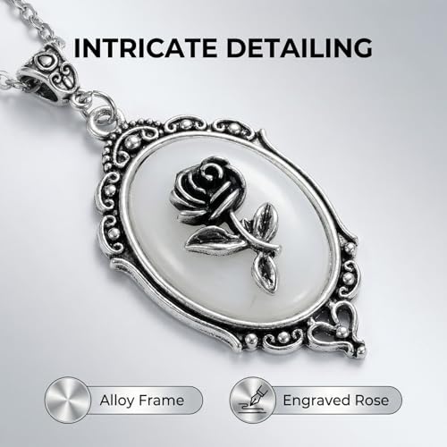 Gothic Vintage Gem Pendant Necklace | Victorian Style Filigree Silver-Tone Jewelry | Ideal Gift for Party Cosplay & Daily Wear - color: White Rose